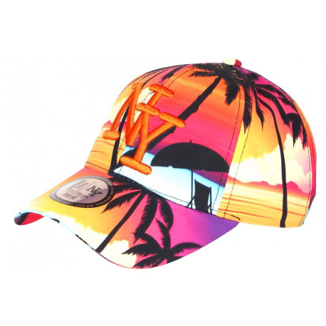 Casquette NY Orange et Rose Palmiers Style Tropical Copaka Baseball CASQUETTES Hip Hop Honour