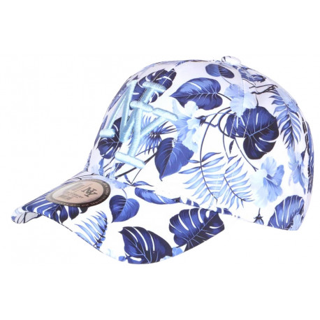 Casquette NY Blanche Fleurs Bleues Exotiques Fantaisies Baseball Bali CASQUETTES Hip Hop Honour