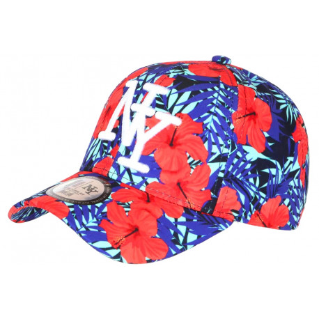 Casquette Enfant Bleue Fleurs Rouges Tropicales NY Phuket de 7 a 12 ans Casquette Enfant Hip Hop Honour