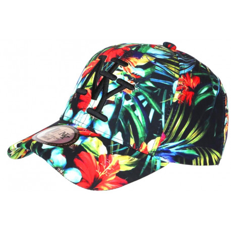 Casquette NY Rouge et Noire Fleurs Tropicales Baseball Bali CASQUETTES Hip Hop Honour