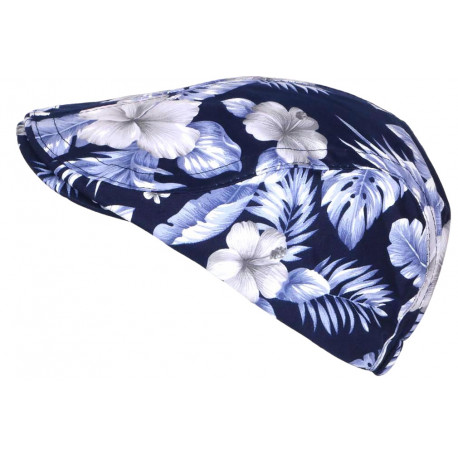 Casquette Beret Fleurs Bleues et Grises Tropicales en Coton CASQUETTES Nyls Création